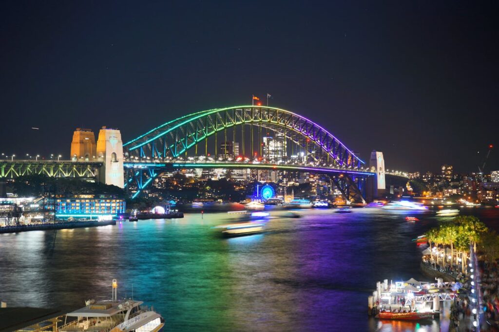 Colorful illumination of the Sydney Harbour Bridge at night with vibrant cityscape.