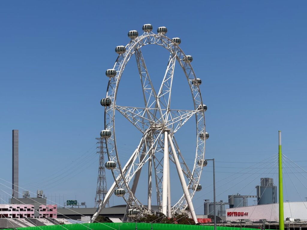 The iconic Melbourne Star Observation Wheel under a bright blue sky in Melbourne, Australia.